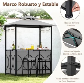 Conjunto de Pérgula para Churrasqueira ou bar 194 x 121 x 242 cm com 2 Bancos Estante Metálica de 2 Níveis com Teto Duplo Cinzento