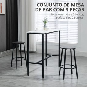 Conjunto de Mesa Alta com 2 Bancos Redondos com Estrutura de Aço Estilo Moderno para Cozinha Sala de Estar Branco e Preto