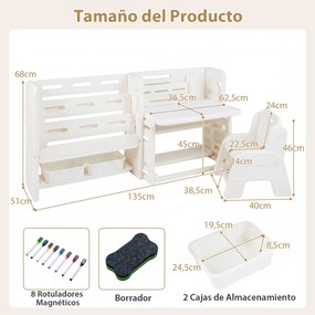 Conjunto de secretária e cadeira infantil com estantes laterais, cestos de arrumação, quadro branco apagável e estantes abertas para crianças a partir