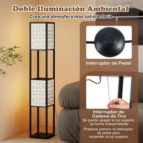 Candeeiro de pé e prateleiras de madeira 26 x 26 x 156 cm com 2 abajures com padrões recortados Luz independente com puxador e interruptor preto