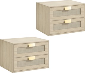 Conjunto de 2 Mesinhas de Cabeceira Suspensas com 2 Gavetas e Frente em Rotim Natural para Quarto 40x30x27,6 cm Carvalho