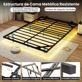 Estrutura de cama flutuante com luzes LED 200 x 140 x 24,5 cm de metal para colchão (COLCHÃO NÃO INCLUIDO) Base de ripas Somier preto