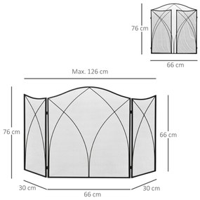 Frente para Lareira Dobrável Proteção para Lareira de 3 Painéis com Dobradiças e Estrutura de Metal Decorativa 126x2x76cm Preto