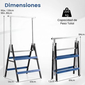 Conjunto de 2 Cavaletes de Trabalho, 69 x 56 x 80-130 cm, Altura Regulável, Preto+Azul