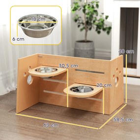 Comedouro elevado para cães com 3 alturas ajustáveis 63 x 58,5 x 40 cm, comedouro para cães com 2 tigelas em aço inoxidável, em cor carvalho
