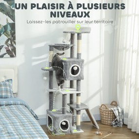 Arranhador para gatos com torre de brincadeiras, centro de atividades, 2 compartimentos abertos, plataformas, rede, escada e 4 pompons, 165 cm, cinzen