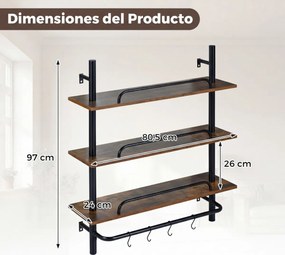 Prateleira suspensa de parede em tubos industriais 80,5 x 24 x 97 cm, com 3 níveis e 4 ganchos em forma de S, em Castanho rústico