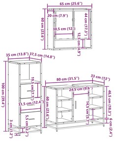 3 pcs Conjunto móveis casa de banho madeira proc. cinza sonoma