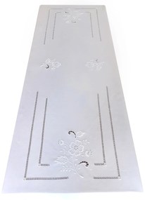 170x350 Toalha de mesa de linho bordada a mão - Bordados richelieu C/ Flor Branco