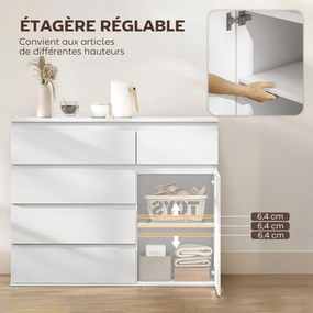 Aparador de sala 100 x 40 x 80 cm, móvel de arrumação com 5 gavetas, prateleira ajustável e porta com fecho suave, branco