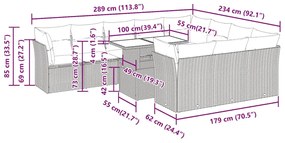 11 pcs conjunto sofás de jardim c/ almofadões vime PE castanho