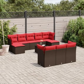 vidaXL 11 pcs conjunto sofás de jardim c/ almofadões vime PE castanho