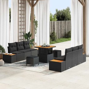 Conjunto de Sofá de Jardim de 9 Peças com Almofadas Preto Polirattan Acácia