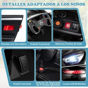 Carro elétrico para crianças com controle remoto, música, buzina, luzes LED, cinto de segurança ajustável, arranque lento, preto