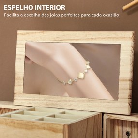 Caixa Joias de Madeira de 4 Níveis Organizador de Joias com 2 Gavetas e Espelho 26,5x16x33,5 cm  Madeira