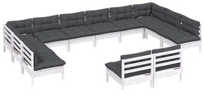 12 pcs conj. lounge de jardim c/ almofadões pinho maciço branco