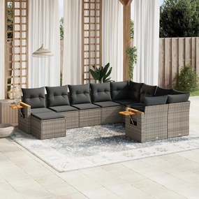 10 pcs conjunto sofás de jardim c/ almofadões vime PE cinzento