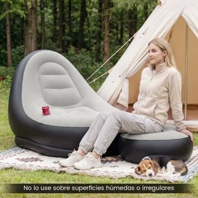 Sofá insuflável com pufe portátil, superfície felpuda e porta-copos integrado Sem bomba, para uso no exterior, interior e acampamento, cinzento + pret