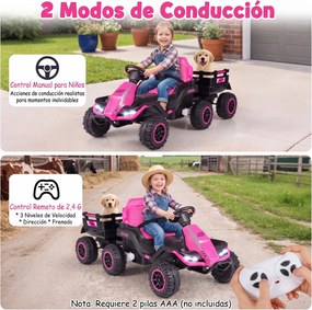 Trator Elétrico Infantil para crianças 3 a 6 anos com Reboque, 152 x 68 x 60 cm, Reboque Removível 2 em 1, Rosa