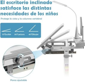 Conjunto de secretária e cadeira para crianças com suporte para livros, luz LED, superfície inclinada e gaveta removível cinzento