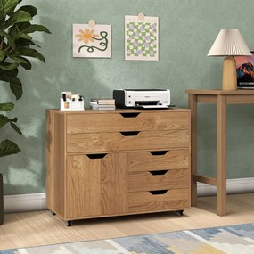 Armário de armazenamento para escritório 77,5 x 40 x 64 cm com 5 gavetas com porta 5 rodas com rodas suporte para impressora natural