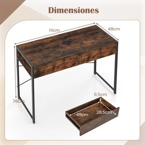 Secretária de escritório 111 x 48 x 76 cm com 2 gavetas, travessas reforçadas e suportes em X castanha