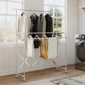 Estendal Vertical Dobrável de 3 Níveis Estendal de Aço Inoxidável com 3 Barras Ajustáveis e Extensíveis 4 Rodas 104-150x103x145-197 cm Prateado