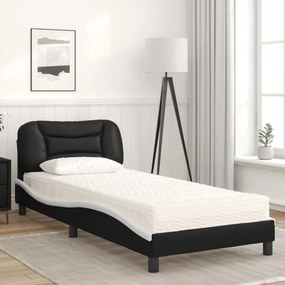 Cama com colchão 90x200 cm couro artificial preto e branco