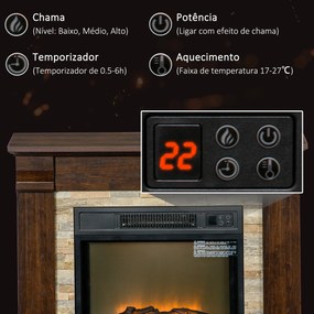 HOMCOM Lareira Elétrica 1800W Lareira com Efeito de Chama Realista Controlo Remoto Temporizador e Proteção Contra Superaquecimento para Ambientes de 30 m² 80x21,6x67,8 cm Marrom