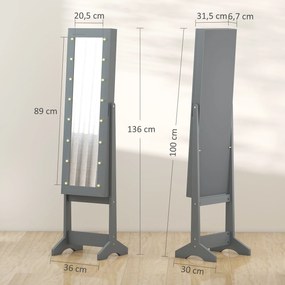 Espelho Joalheiro com Luzes LED Armário para Joias com Ângulo Ajustável  Prateleiras Ranuras para Anéis 36x30x136 cm Cinzento