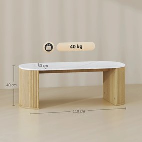 Mesa de centro oval 110 x 50 x 40 cm, mesa auxiliar com efeito de mármore, cantos arredondados e pés grossos, branca e castanha