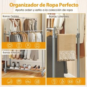 Cabideiro Duplo com Rodas, Altura Ajustável e Largura Extensível, Metal Resistente para closet, Lavandaria ou Sala 140-195 cm Cinza