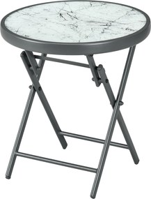 Mesa de jardim dobrável Ø45 x 50 cm, mesa auxiliar dobrável, tampo em vidro temperado com efeito mármore, estrutura redonda em metal, , cinzento escur
