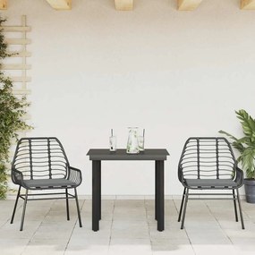 3 pcs conjunto jantar jardim almofadões vime PE vidro preto