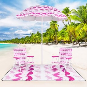 Conjunto de guarda-sol de praia com 2 cadeiras dobráveis e manta de piquenique para exterior com mecanismo de inclinação Rosa