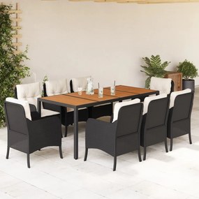 vidaXL 9 pcs conjunto de jantar p/ jardim c/ almofadões vime PE preto