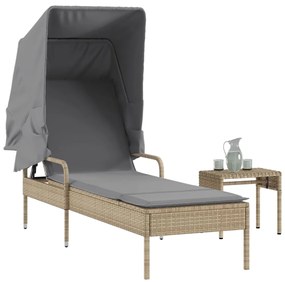 vidaXL Espreguiçadeira com toldo e mesa vime PE bege