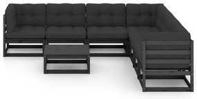 8 pcs conjunto lounge jardim c/ almofadões pinho maciço preto