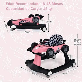 Andarilho 4 em 1 para crianças dobrável para actividades de empurrar com altura e velocidade ajustáveis Carrilhão com luzes Volante Rosa