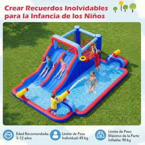 Parque aquático insuflável com escorrega duplo 646 x 418 x 211 cm, piscina, zona de salpicos, zona de saltos, parede de escalada, cesto de basquetebol