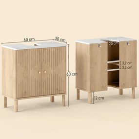Móvel de casa de banho 60 x 30 x 63 cm para lavatório (NÃO INCLUIDO), com prateleira ajustável e bancada com efeito de mármore, , em cor carvalho