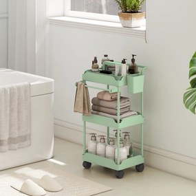 Carrinho Auxiliar com Rodas de 3 Níveis com Cestos Extraíveis Suporte para Toalhas e Estrutura de Metal 42x42,5x76 cm Verde