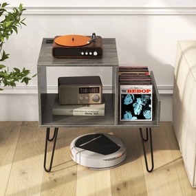 Suporte para gira-discos e discos Vinil com mesa lateral de encaixe com divisória para até 145 álbuns com pernas metálicas Cinzento