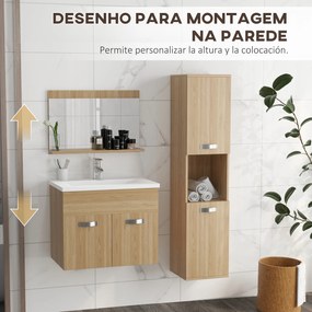Conjunto de Móveis Casa de Banho 3 Peças com Espelho Móvel com Lavatório Cerâmico e Coluna de Casa de Banho Madeira