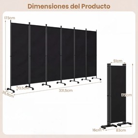 Biombo  Separador de Espaço Dobrável de 6 Painéis, 331,5 x 35,5 x 173 cm, Rodas com Travão, Preto