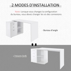 Secretária de canto, secretária reta modular, mesa de jantar 2 em 1, secretária para computador, 3 gavetas + 2 compartimentos abertos