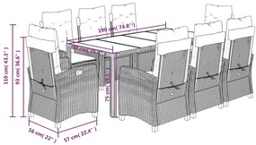 9 pcs conjunto de jantar p/ jardim c/ almofadões vime PE preto