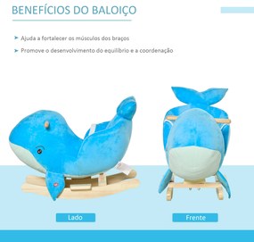 Baloiço com Forma de Baleia para Crianças de 18-36 Meses Baloiço de Pelúcia com Sons Cinto de Segurança e Apoio para os Pés 60x33x50 cm Azul