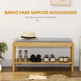 Banco Sapateiro de Bambu com Assento Estofado para 3 Pares de Sapatos e Prateleira de 90x30x46 cm Madeira