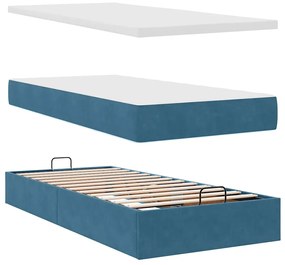 Estrutura cama otomana com colchão azul escuro 90x190cm veludo